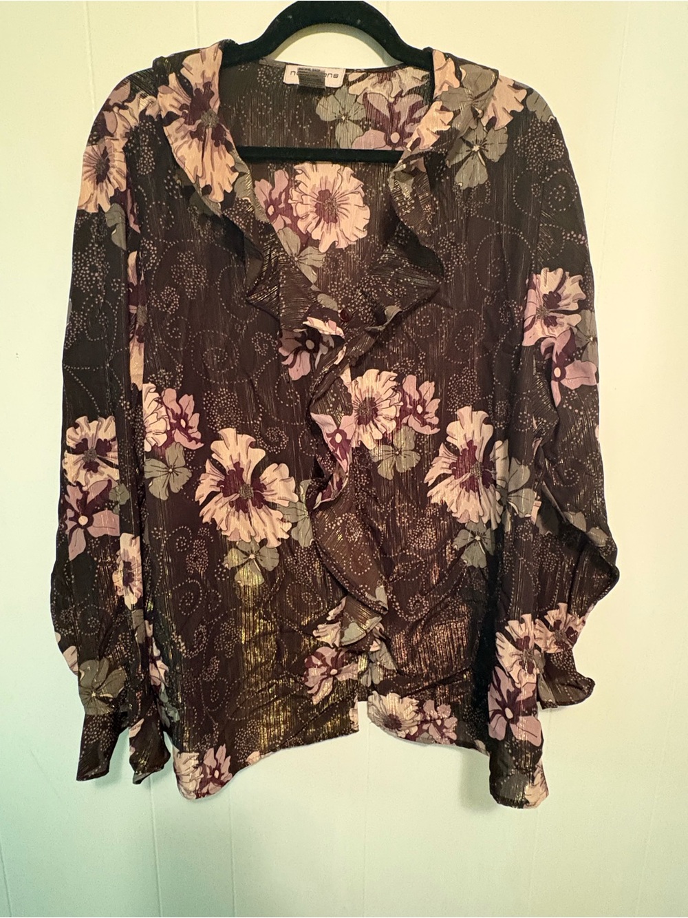 Floral Ruffle Front Blouse in Brown and Pink with metallic thread